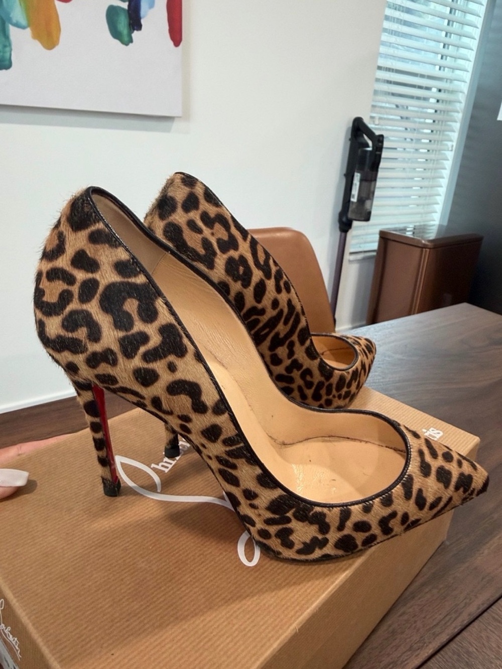 Christian Louboutin Leopard Calf Hair Pointed Toe Pumps with Red Sole - Picture 12 of 16